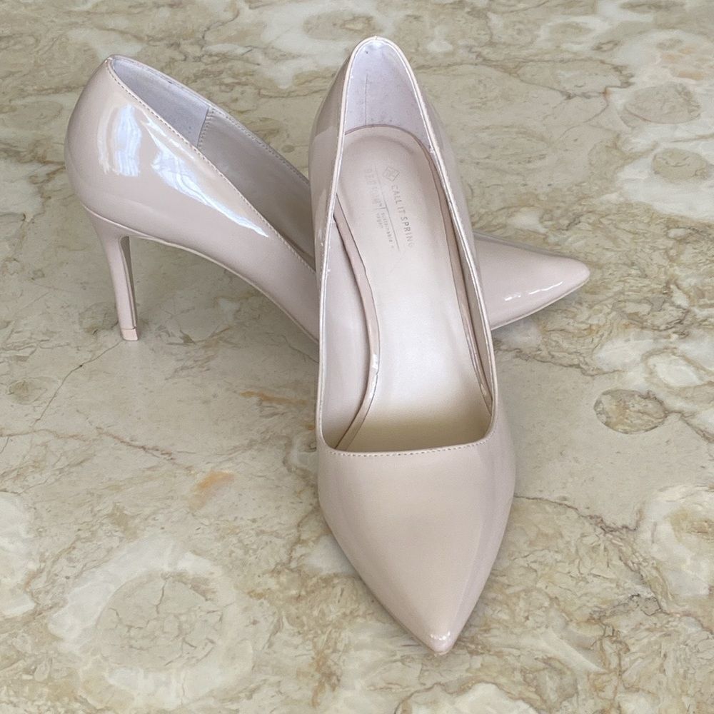 Call It Spring Vegan Patent Leather Nude Pointed Toe Pumps Heels